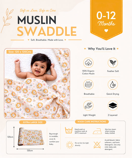 Muslin Swaddle Rainbow Roar 120X120Cm