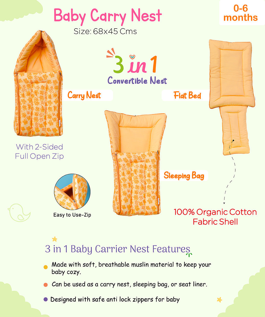 Lime Cream Runner Duck Muslin Baby Carrier Nest