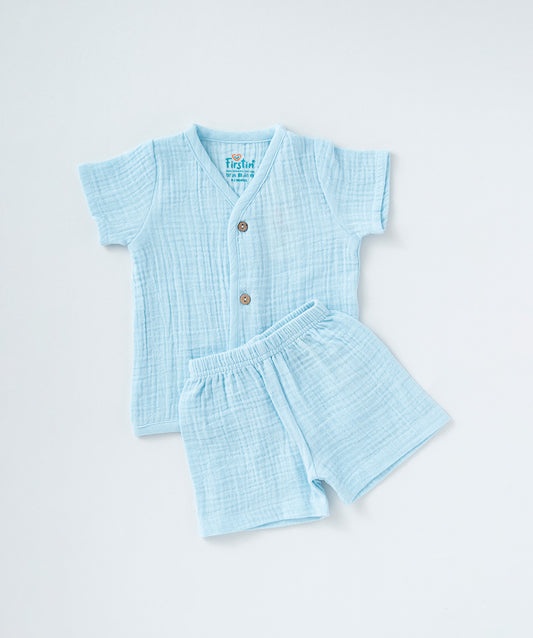 Muslin Bubble Crinkle Jabla-Shorts Set Half Sleeve - Aqua