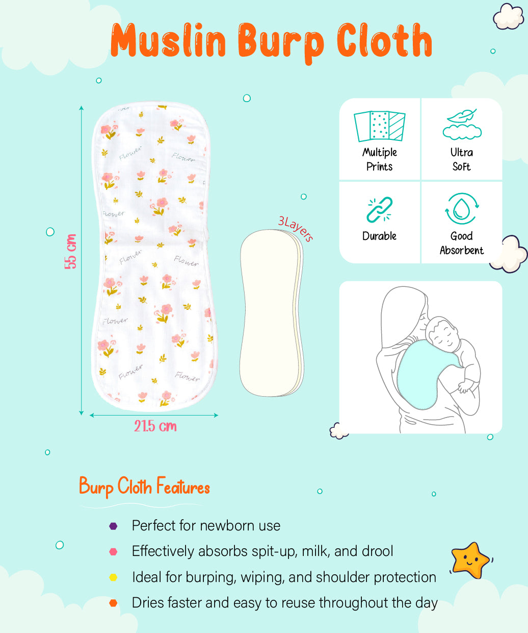 Muslin Burp Cloth (Three Layers) Assorted (Any 2 prints) 2 Pcs Pack Combo A