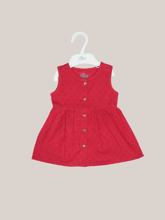 Swiss Dobby Sleeveless Casual Frock - Carmine