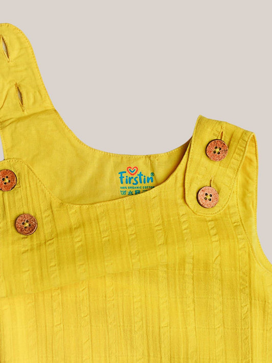 Seer Sucker Muslin Shoulder Button Frock With Embroidery DK.Yellow