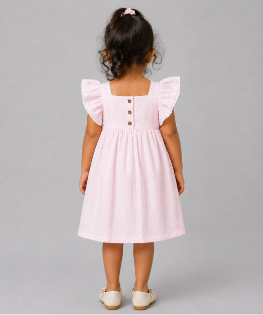Muslin Seer Sucker Flutter Sleeve Frock - Lt Pink