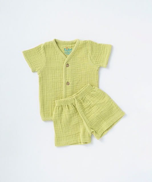 Muslin Bubble Crinkle Jabla-Shorts Set Half Sleeve - Palm Green
