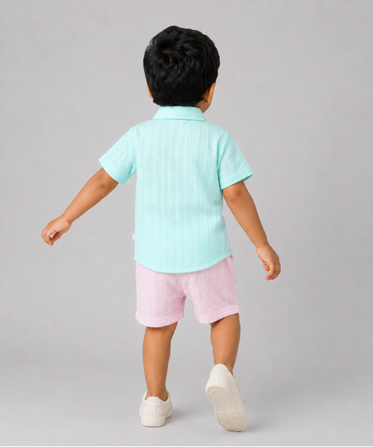 Muslin Seer Sucker Fusion Shirt-Shorts Set - Mint