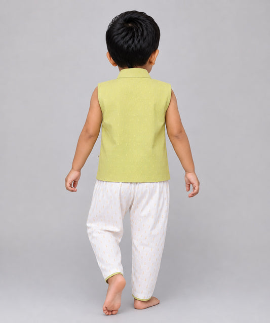 Lurex Dobby Waist Coat-Dhoti Pant - Palm Green
