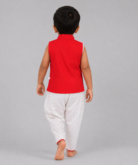 Lurex Dobby Waist Coat-Dhoti Pant - Carmine