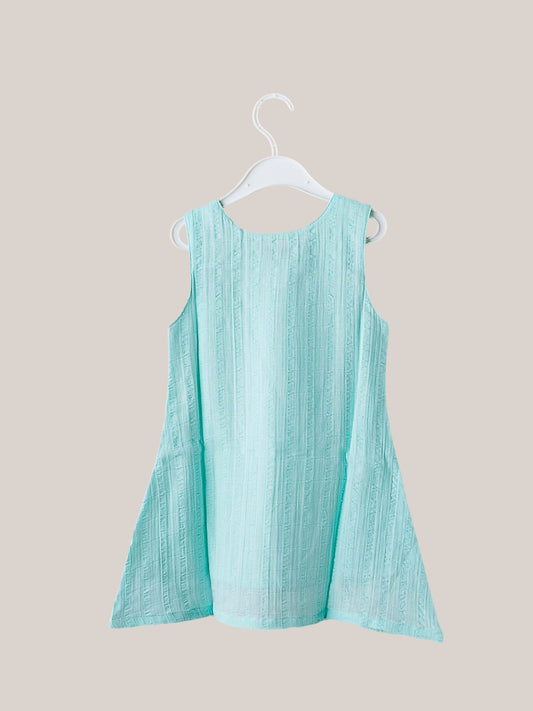 Seer Sucker Muslin Shoulder Button Frock With Embroidery Mint