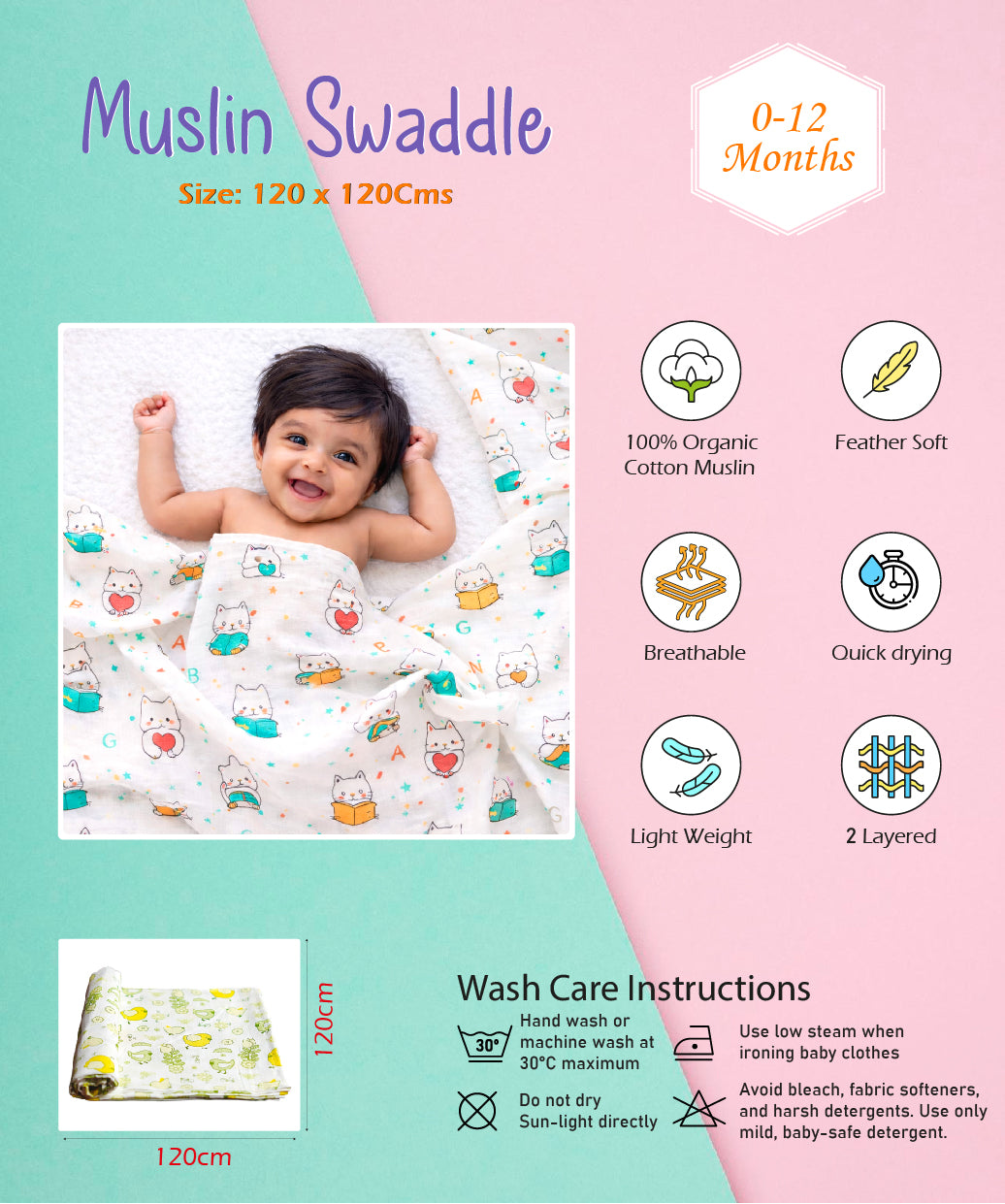 Firstin Muslin Swaddle Butterfly Valley 120X120Cm