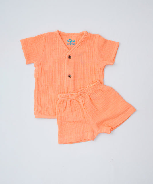 Muslin Bubble Crinkle Jabla-Shorts Set Half Sleeve - Coral Orange