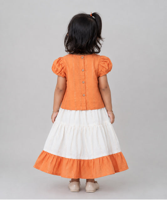 Ridhi Top With Skirt (Puff Sleeve) - Carrot Orange
