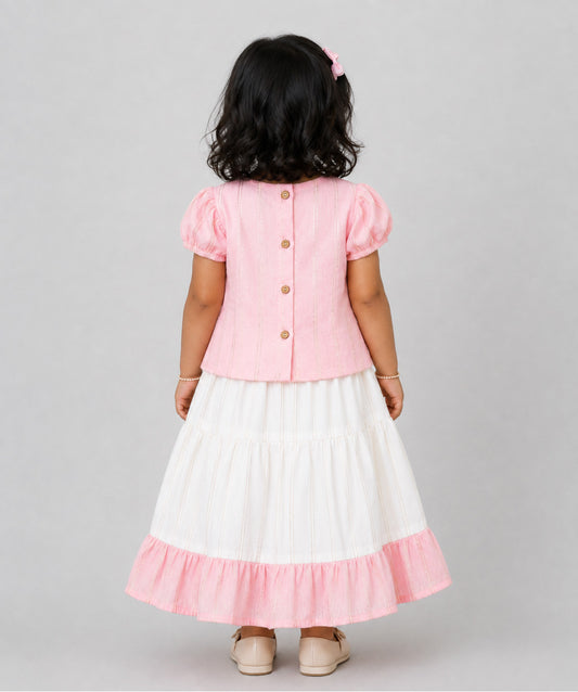 Ridhi Top With Skirt (Puff Sleeve) - Flamingo Pink