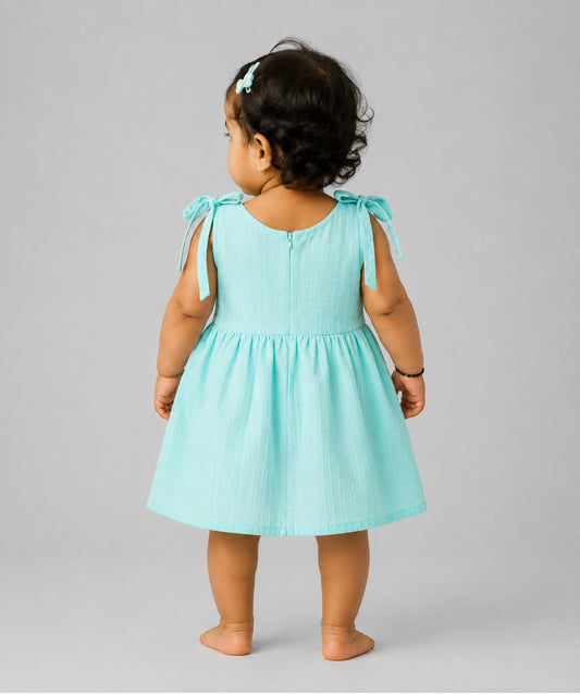 Seer Sucker Muslin Self Knotted Frock With Embroidery MInt