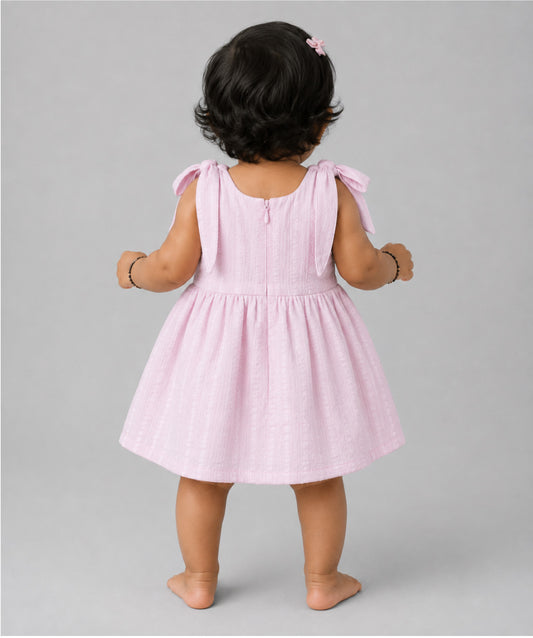 Seer Sucker Muslin Self Knotted Frock With Embroidery Lavender