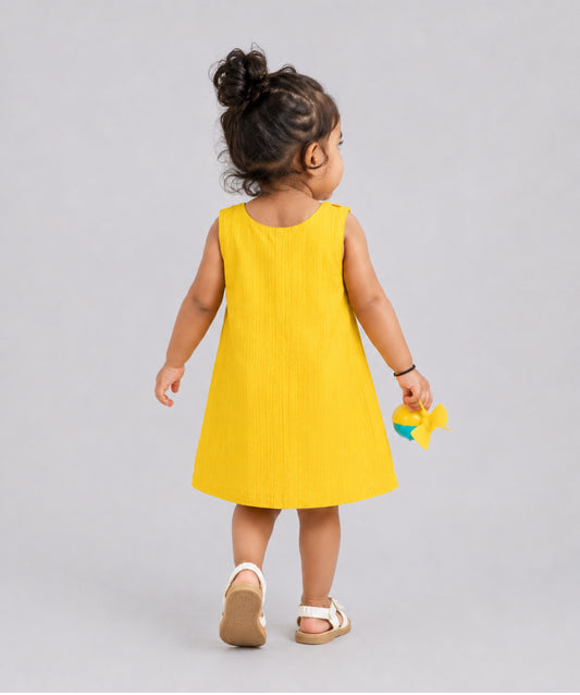 Seer Sucker Muslin Shoulder Button Frock With Embroidery DK.Yellow