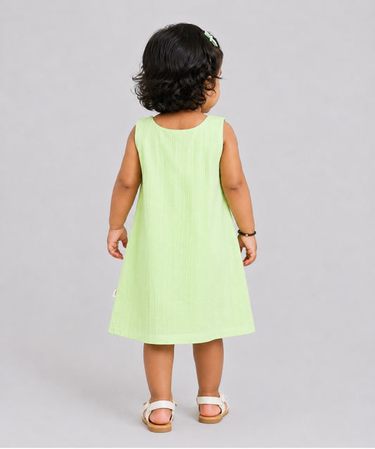 Seer Sucker Muslin Shoulder Button Frock With Embroidery Lt.Green