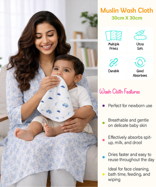 Muslin Wash Cloth Assorted (Any 2 prints) 2 Pcs Pack Combo 1
