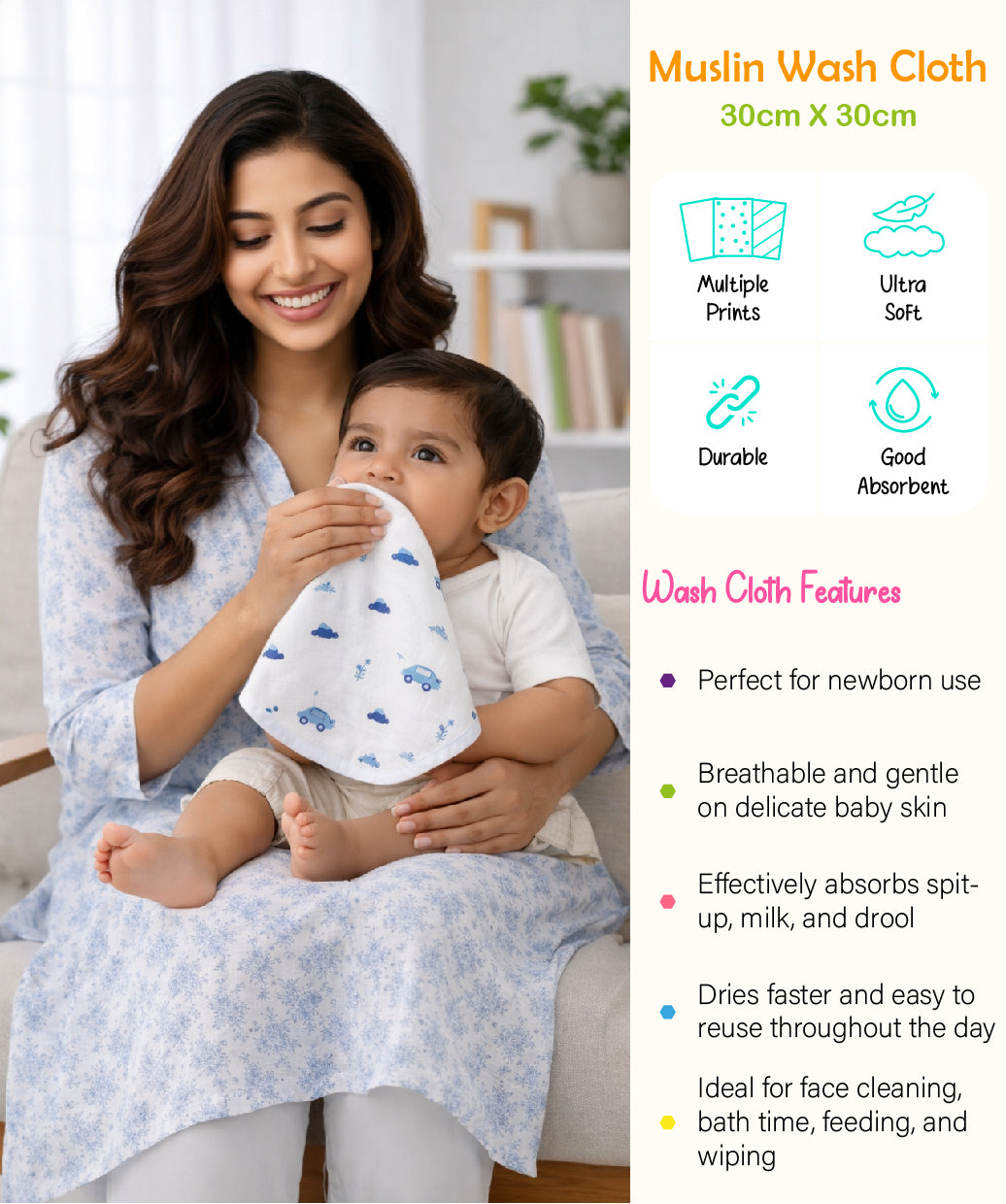 Muslin Wash Cloth Assorted (Any 2 prints) 2 Pcs Pack Combo 1