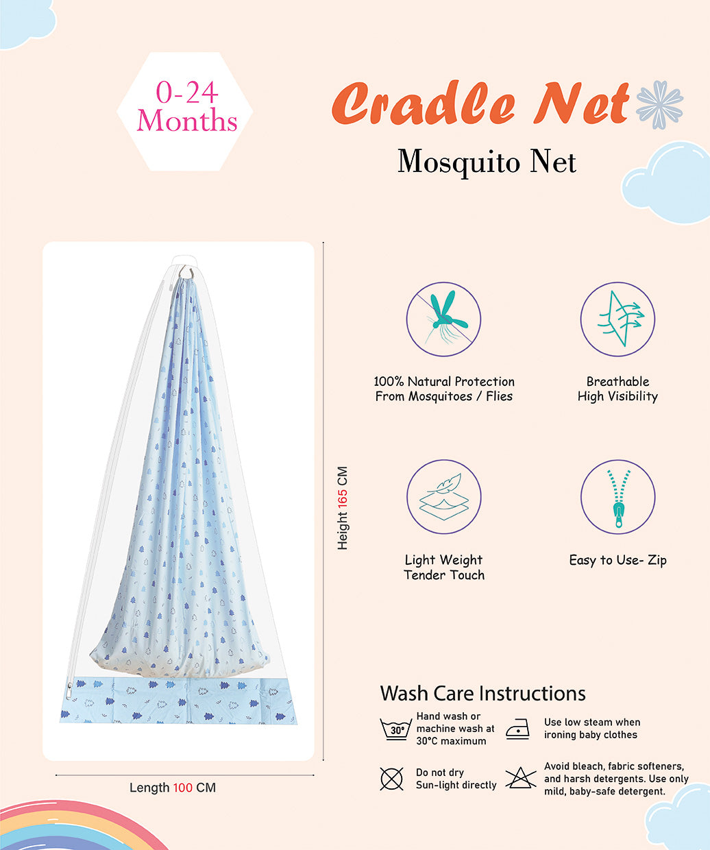 Blue Fir Tree Print Poplin Cradle / Thottil / Jhula With Matching Net