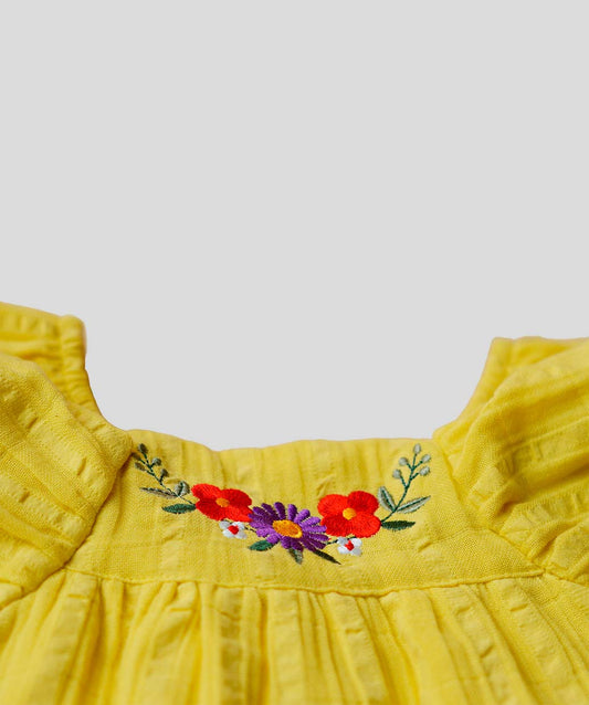 Muslin Seer Sucker Flutter Sleeve Frock - Dk Yellow