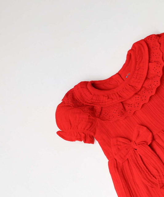 Muslin Bubble Crinkle Frock (Frill Bow) - Carmine