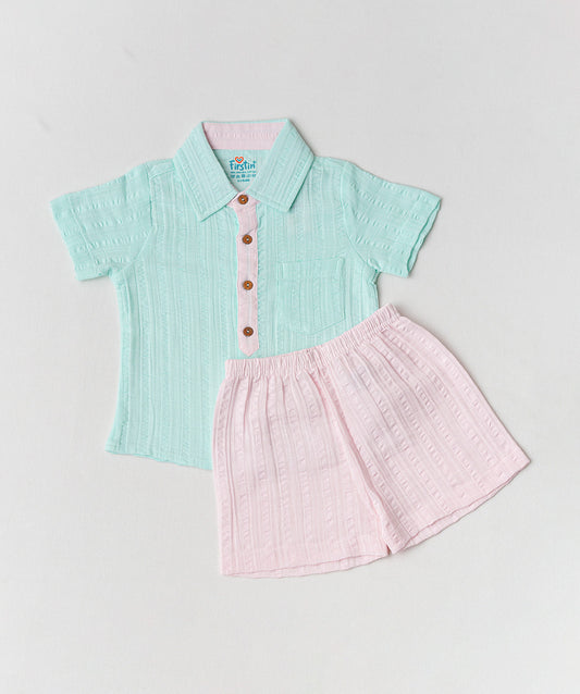 Muslin Seer Sucker Fusion Shirt-Shorts Set - Mint