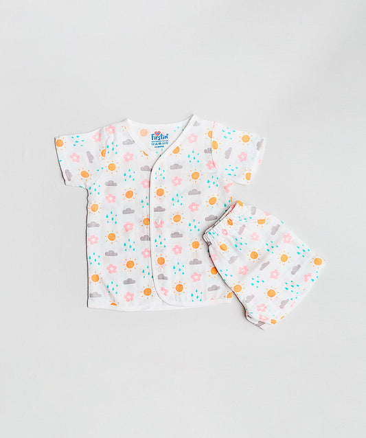 FIRSTIN Salsa Rose Daisy Cloud White Base Muslin Jabla Shorts Set Half Sleeve