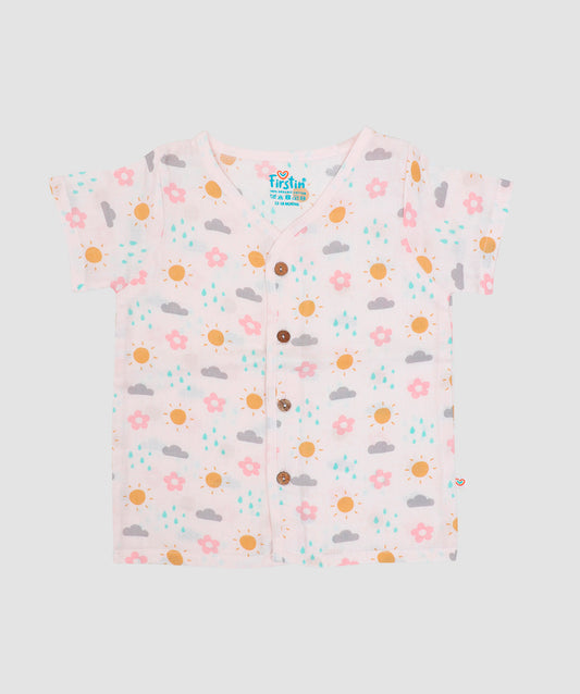 FIRSTIN Salsa Rose - Daisy Cloud Printed Muslin Jabla Shorts Set Half Sleeve