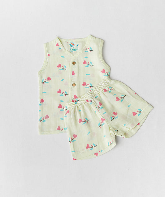 Muslin Jabla-Shorts Set Sleeveless - Lime Cream Anthurium