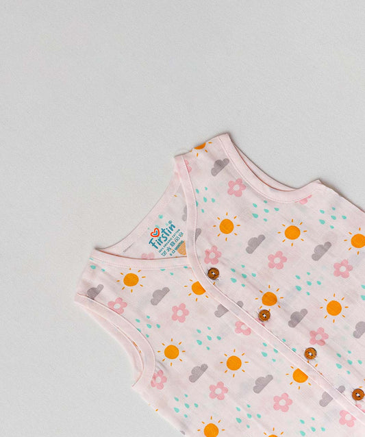 FIRSTIN Salsa Rose-Daisy Cloud Muslin Jablas Shorts Set Sleeveless