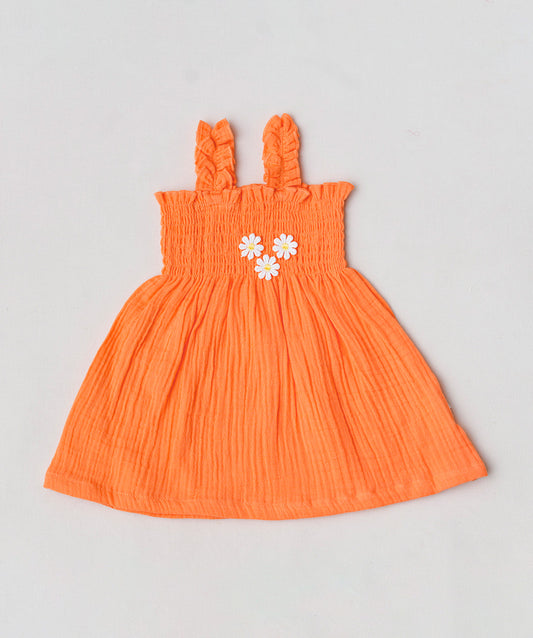 Muslin Bubble Crinkle Smocking Frock - Coral Orange