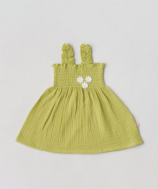 Muslin Bubble Crinkle Smocking Frock - Palm Green
