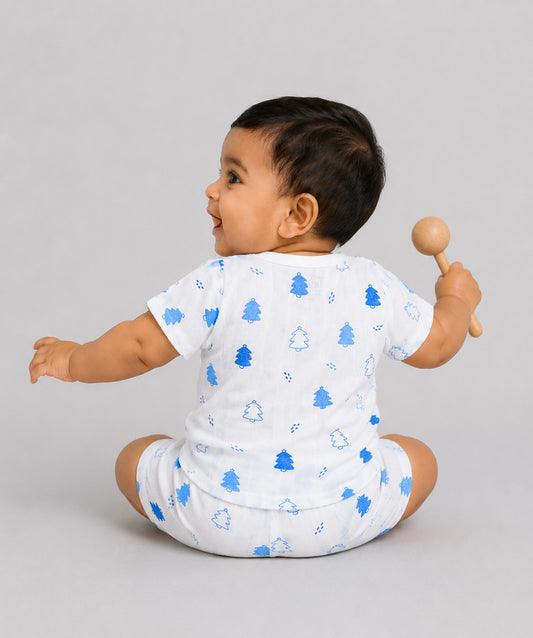 Blue Fir Tree White Base Muslin Jabla Shorts Set Half Sleeve