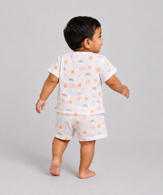 Salsa Rose Daisy Cloud White Base Muslin Jabla Shorts Set Half Sleeve