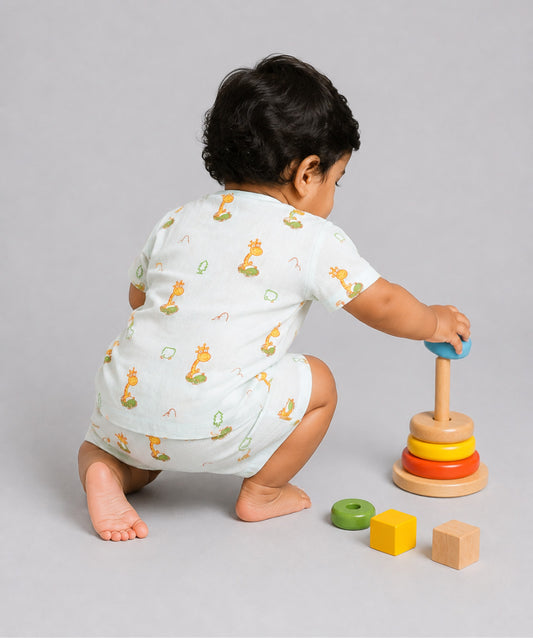 Frost Joyous Giraffe Printed Muslin Jabla Shorts Set Half Sleeve