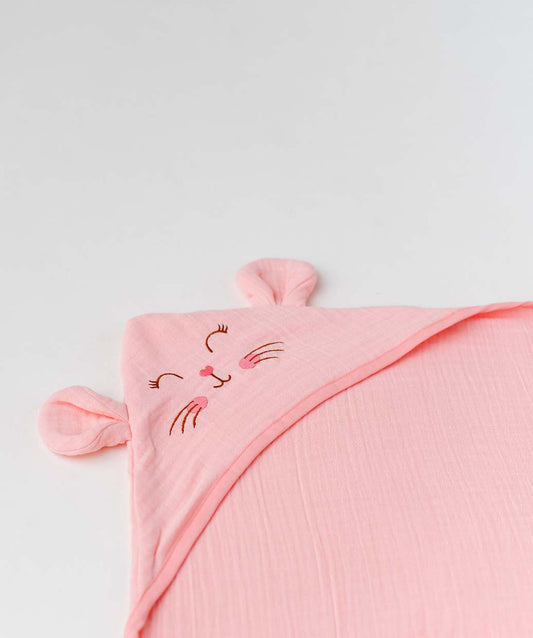 Muslin Bubble Crinkle Hooded Blanket - Flamingo Pink (Kitty)