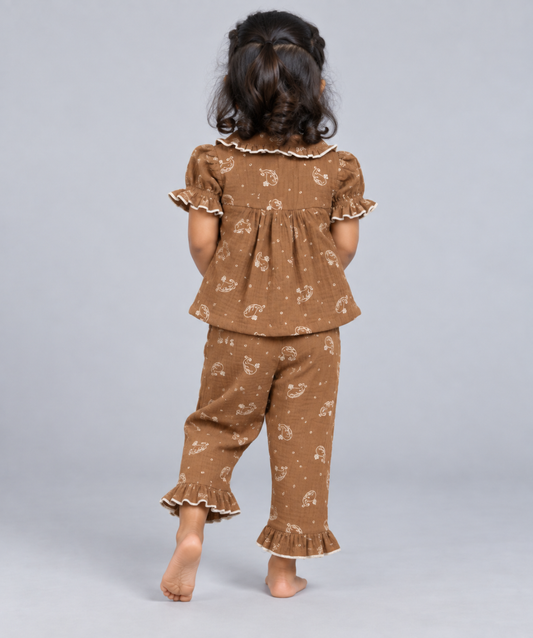 Muslin Bubble Crinkle Night Pyjamas - Caramel - Whale