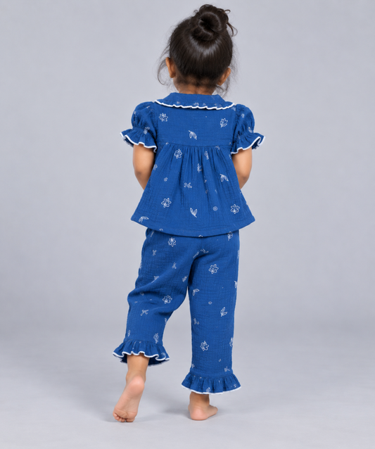 Muslin Bubble Crinkle Night Pyjamas - Classic Blue - Ferns