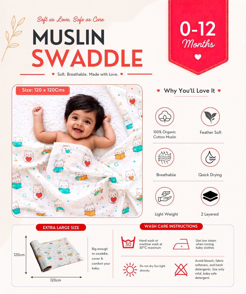 Muslin Swaddle kitty Cat 120X120Cm