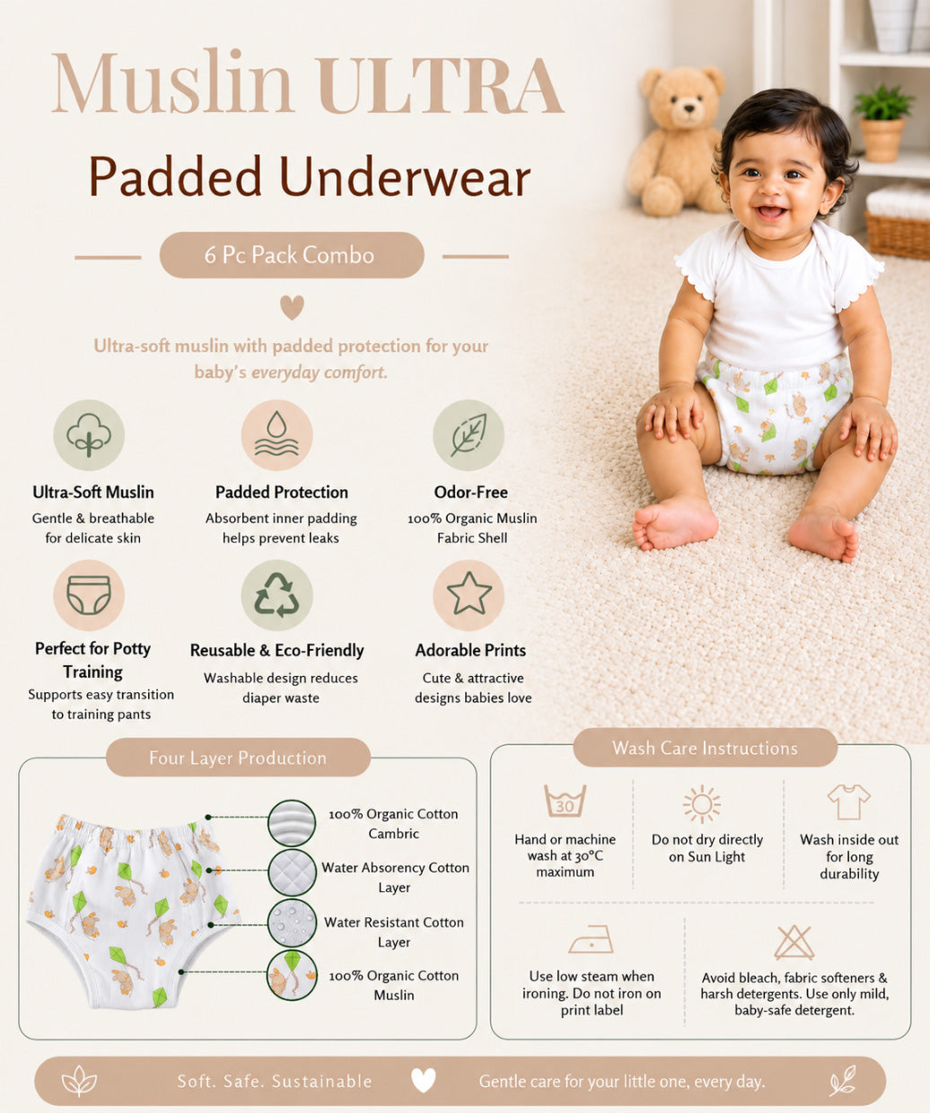 Muslin ULTRA Padded Underwear 3 Pc Pack Combo 6