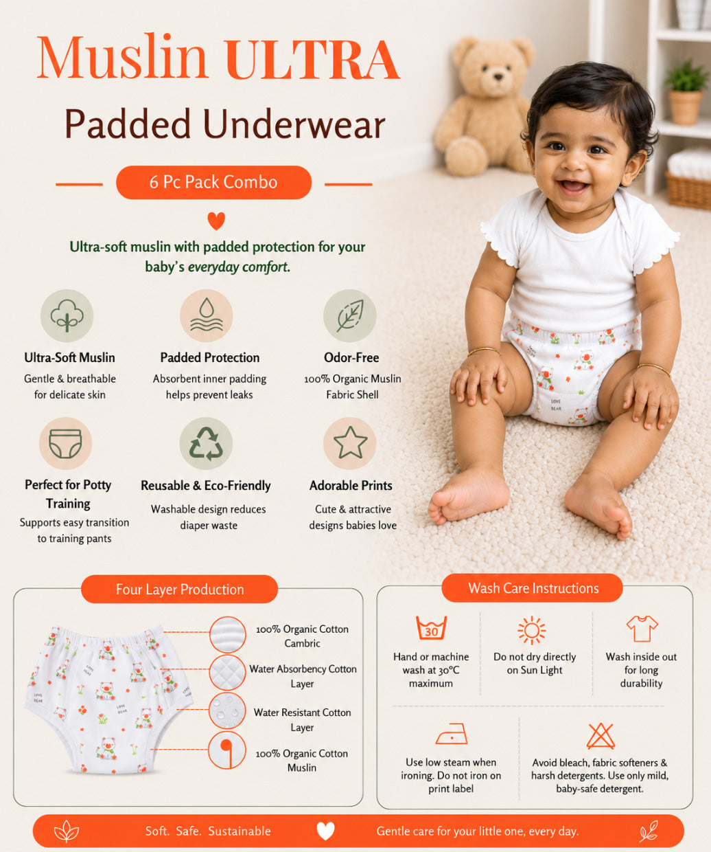 Muslin ULTRA Padded Underwear 6 Pc Pack Combo 6