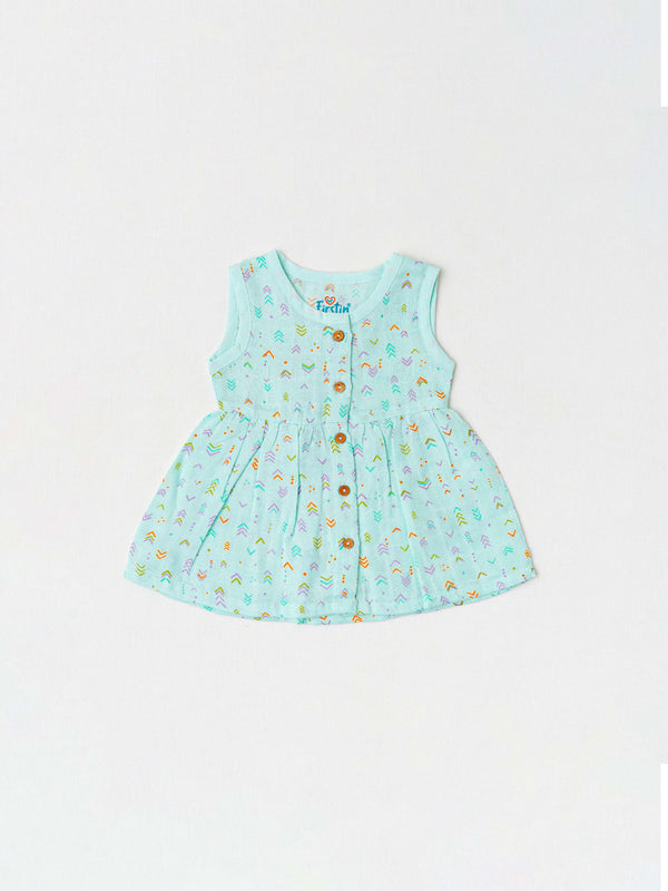 FIRSTIN Muslin Front Open Sleeveless Frock - Mint Multi Arrows