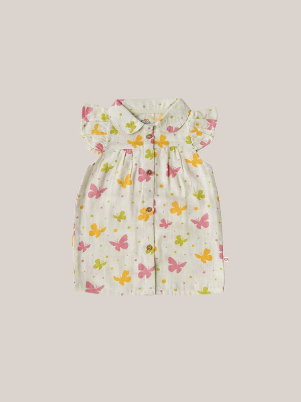 FIRSTIN Muslin Collar Neck Frock - Aloe Wash Butterfly