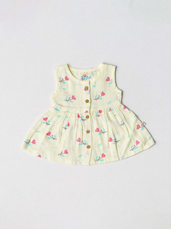 FIRSTIN Muslin Front Open Sleeveless Frock - Lime Cream Anthurium