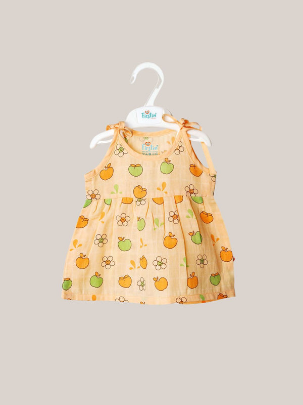 FIRSTIN Muslin Knotted Frock - Apricot Sherbet Fujis