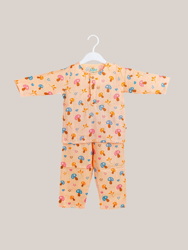 FIRSTIN Muslin Pyjamas Set - Apricot Sherbet Mushies