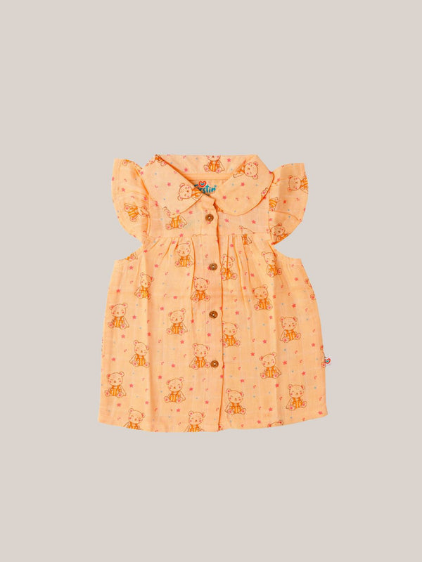 FIRSTIN Muslin Collar Neck Frock - Apricot Sherbet Teddy