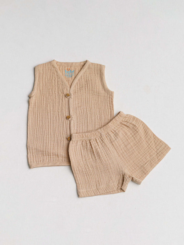 FIRSTIN Muslin Bubble Crinkle Jabla-Shorts Set (Loops) Sleeveless - Breezy Beige