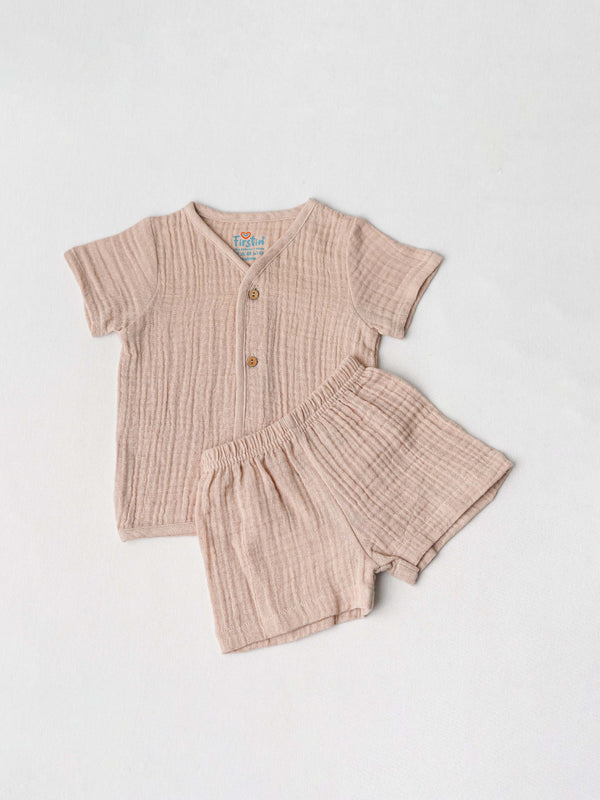 FIRSTIN Muslin Bubble Crinkle Jabla-Shorts Set (Loops) Half Sleeve - Breezy Beige