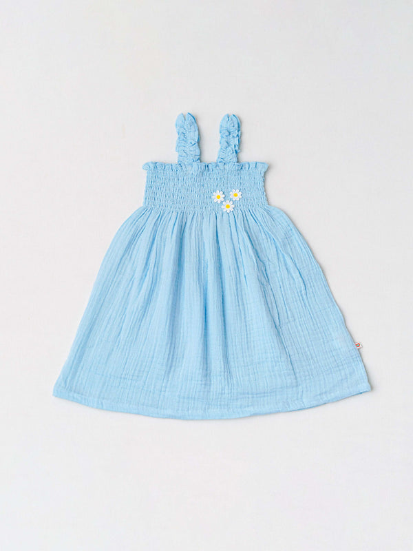 FIRSTIN Muslin Bubble Crinkle Smocking Frock - Aqua